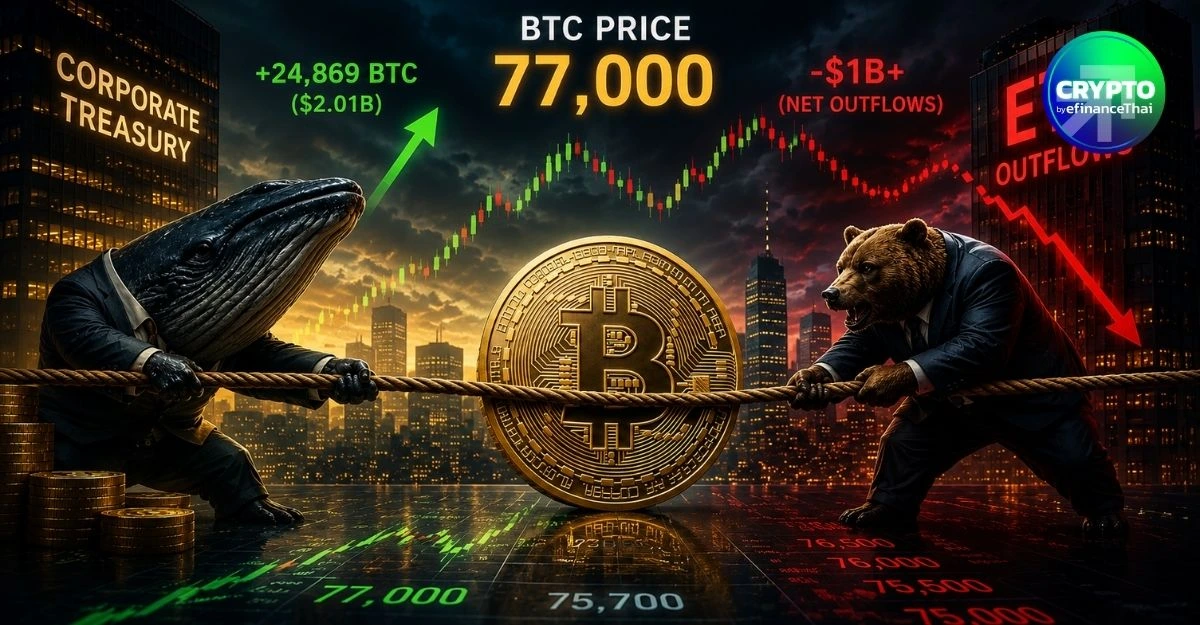 รูป BTC แกว่งใกล้ 77K! เกมชักเย่อระหว่าง “วาฬองค์กร” กับแรงขาย Spot ETF